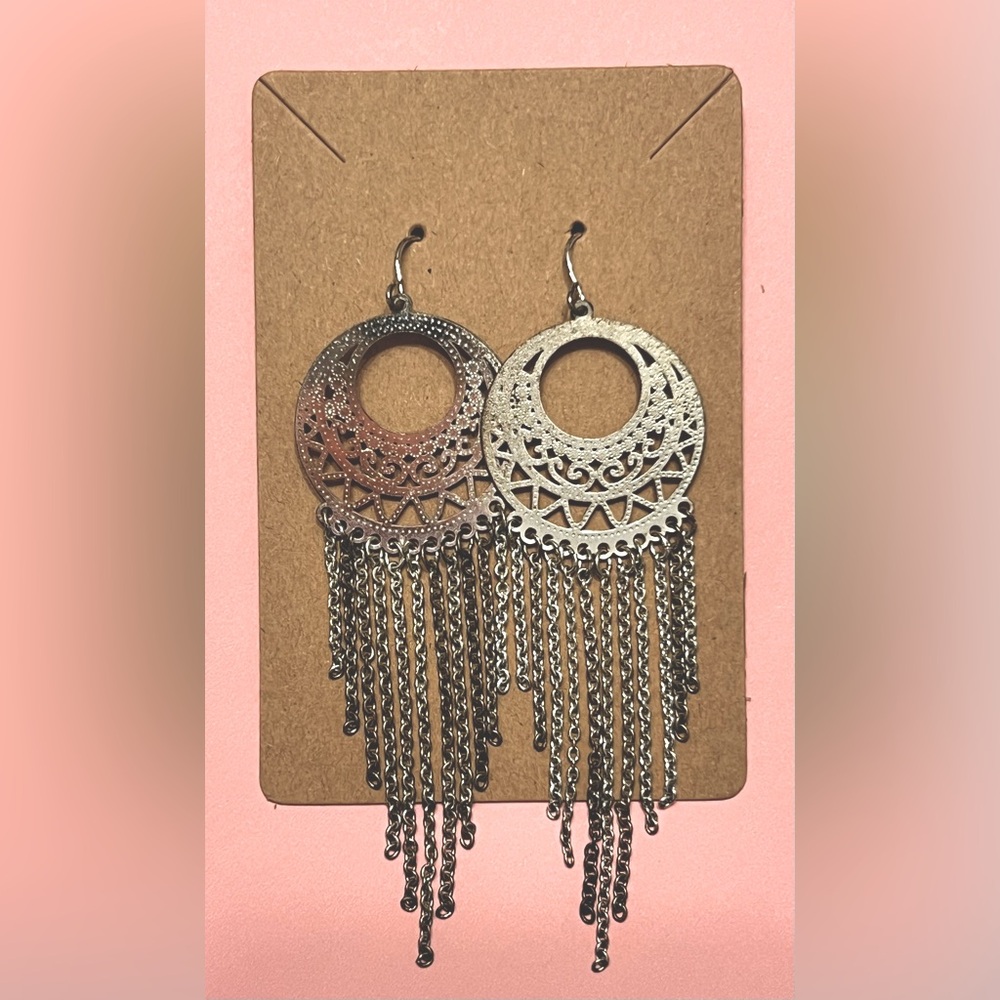 Bohemian Silver Filigree Chain Fringe Earrings